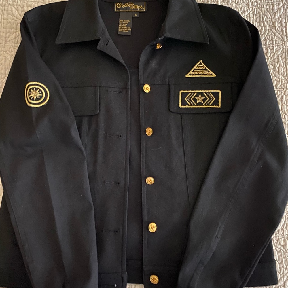 Black and gold Christine Phillips jacket. 95% cotton and 5% Lycra. Size 6.